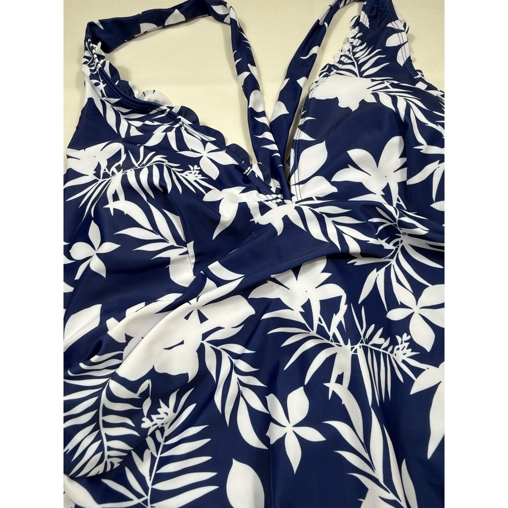 ArMage One Piece Swimsuit Tropical Leaf Print Navy Blue White Halter XL
